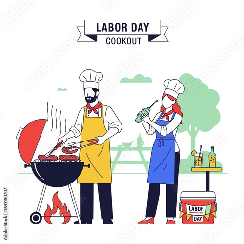 Labor Day Cookout Scene: A lively illustration capturing the spirit of Labor Day with a couple, grilling and enjoying a cookout, featuring details of cooking, community, and celebration.