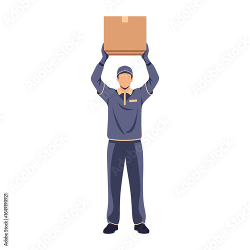 Delivery man with parcel: A delivery person, stands confidently holding a parcel aloft. Demonstrating efficiency and reliability. Representing shipping, logistics, and e-commerce.
