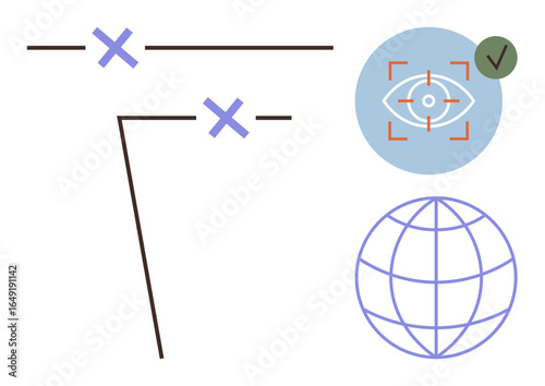 Eye inside targeting crosshairs, validation checkmark, global connection sphere, intersecting lines. Ideal for analytics, accuracy, targeting, validation global reach precision strategy. Simple