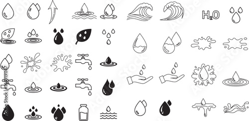 Comprehensive Water and Fluid Dynamics Icons: A Diverse Set Representing Drops, Splashes, Waves, and Conservation