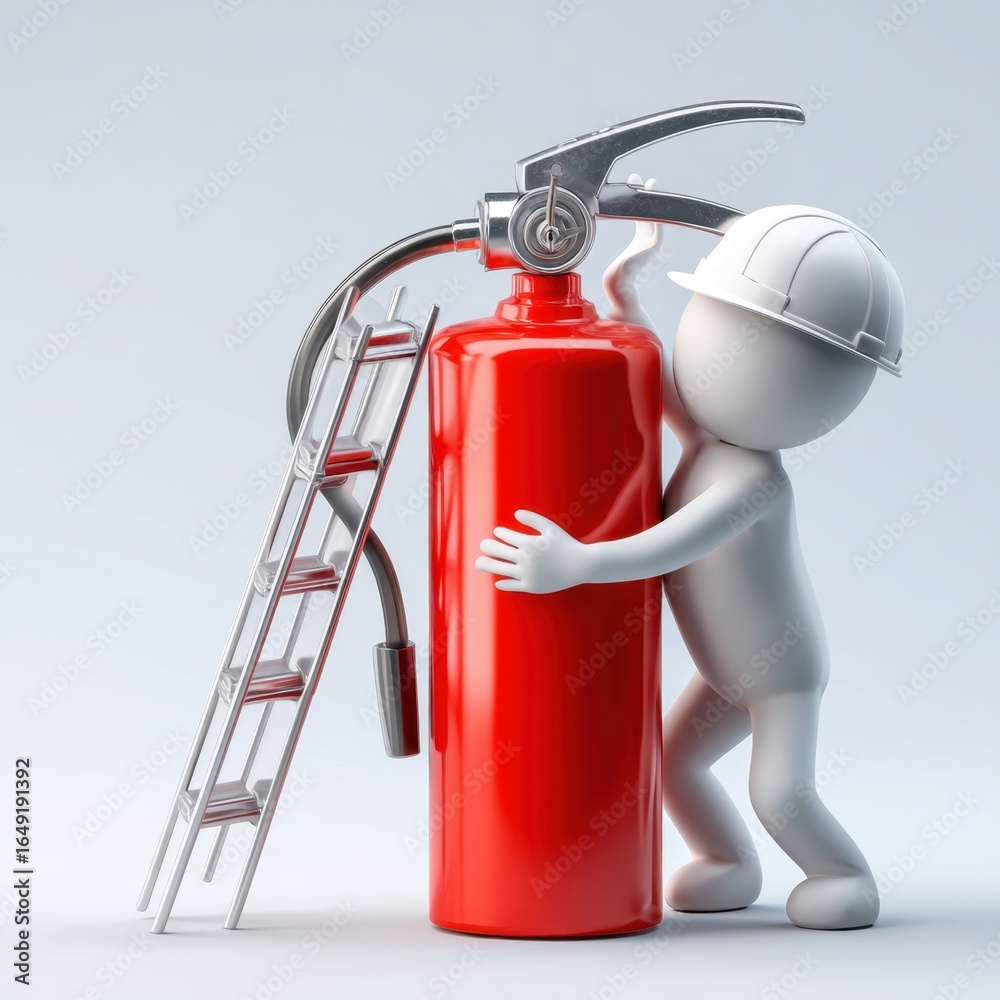 Obraz premium A 3D character wearing a hard hat hugs a large red fire extinguisher next to a metal ladder against a plain light background.