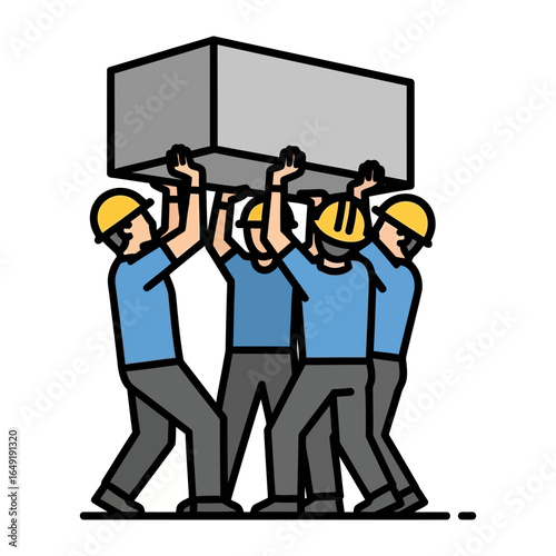Teamwork and Construction: A determined group of construction workers collaborates, hoisting a heavy concrete block with teamwork and determination. Capturing the essence of labor, strength.