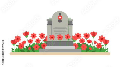Memorial day remembrance gravestone with red poppy flowers for honoring the fallen heroes and veterans