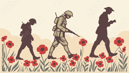 Remembrance day soldiers walking through poppy field vector graphic for memorial day and armistice day design