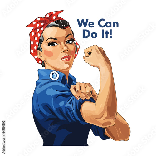 We Can Do It: An empowering and motivational retro style illustration of a strong woman flexing her bicep with the famous slogan We Can Do It conveys female empowerment and determination. 
