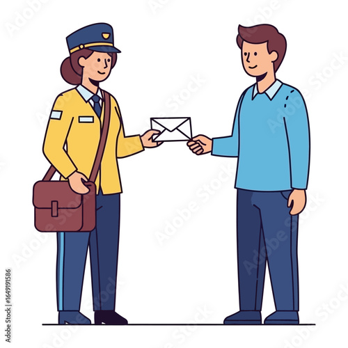 Delivering Correspondence: A postal worker in uniform handing a letter to a recipient, symbolizing communication, and the timely arrival of mail.