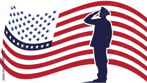American flag with saluting soldier vector graphic for veterans day and memorial day celebration patriotic design