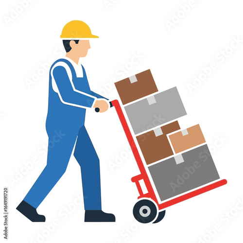 Logistics Worker at Work: An illustration of a delivery worker efficiently navigating their task, expertly maneuvering a hand truck loaded with various cardboard boxes.