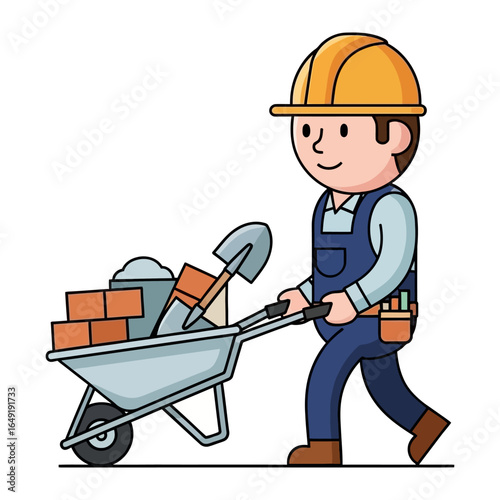 Construction Worker: A diligent construction worker, expertly maneuvers a loaded wheelbarrow carrying essential tools and materials, symbolizing craftsmanship and hard work.
