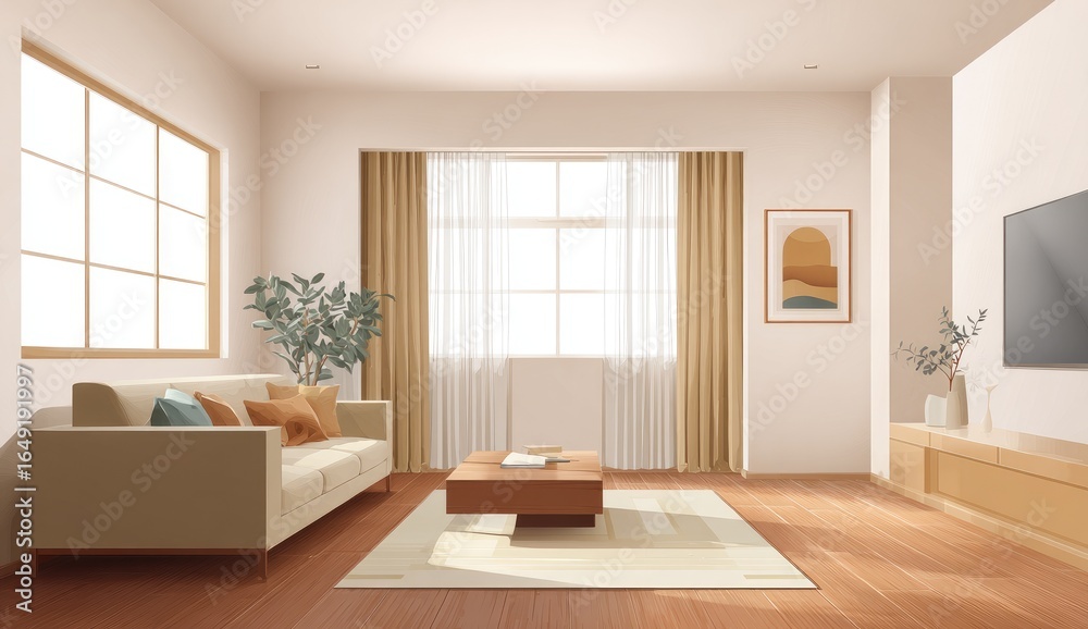 Fototapeta premium Light-filled living room, neutral tones, modern design