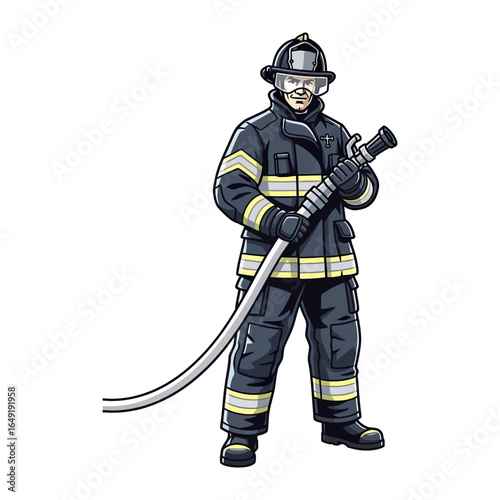 Brave Firefighter, Ready for Action: A focused firefighter, clad in full protective gear, stands poised with a hose, ready to confront any challenge. The image captures their dedication and courage.