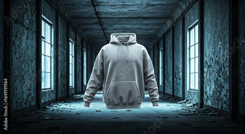 A ghostly gray hoodie floats in a spooky abandoned corridor with broken windows and peeling walls an ideal mockup for streetwear designs or dark fashion concepts