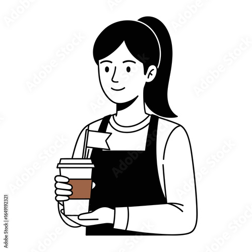 Barista's Brew: An illustrated barista, adorned in a black apron, presents a takeaway coffee cup, embodying the essence of quality coffee and customer service.