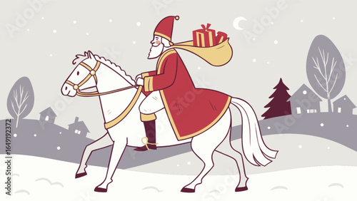 Sinterklaas riding horse delivering gifts on winter night cartoon illustration vector graphic design