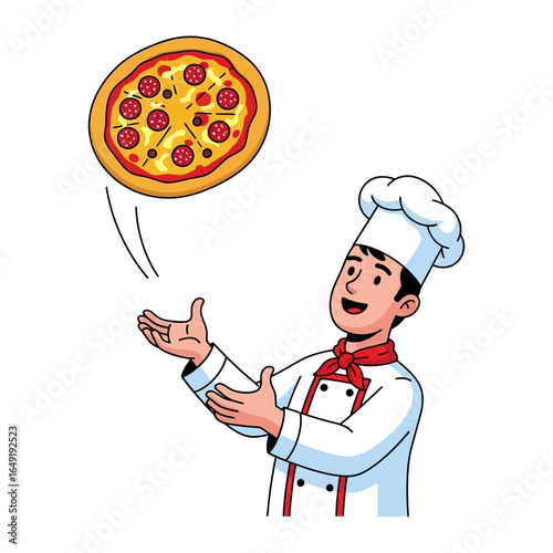 Master Chef and Pizza: A master chef in a pristine uniform expertly tosses a delectable pizza pie into the air, showcasing skill and culinary flair.