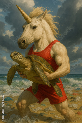 Einhorn rettet Meeresschildkröte vor Plastikmüll am Strand