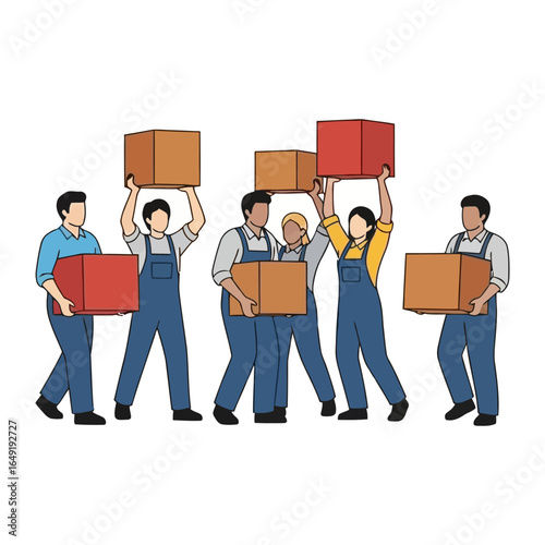 Moving Team: A group of diverse individuals working together with cardboard boxes, a display of teamwork and cooperation.