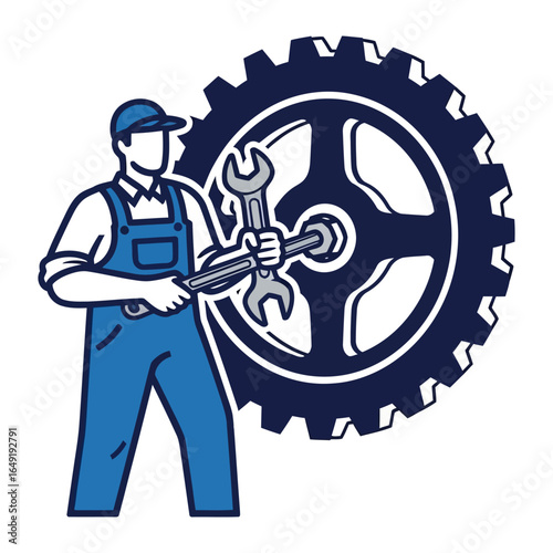 Mechanic's Blueprint: A mechanic stands poised, wrench in hand, beside a large gear, an image evoking the precision and dedication of skilled technical work.