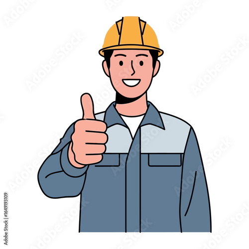 Smiling Engineer Giving Thumbs Up: An engineer, clad in workwear and a protective helmet, offers a thumbs up in a cheerful expression, symbolizing confidence and approval.