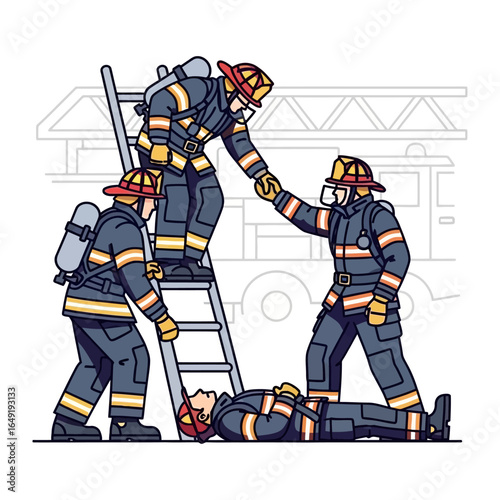 Firefighters' Rescue: A team of brave firefighters in their specialized gear diligently works together, aiding a fellow comrade who has been injured.