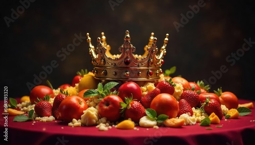 A majestic crown sits atop a lavish, overflowing banquet table, yet remains untouched; a visual metaphor for the insatiable hunger of power, wealth, or ambition ,  king,  power