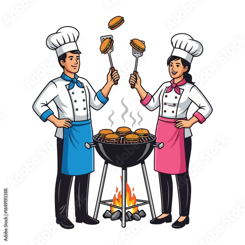 Culinary Collaboration: Captivating illustration of two cheerful chefs working together, flipping delicious burger patties on a smoking grill, emphasizing the joy of teamwork in the kitchen.