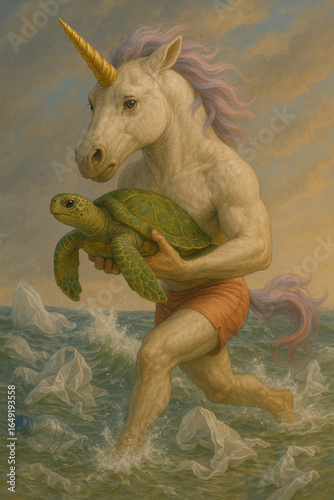 Einhorn rettet Meeresschildkröte vor Plastikmüll am Strand