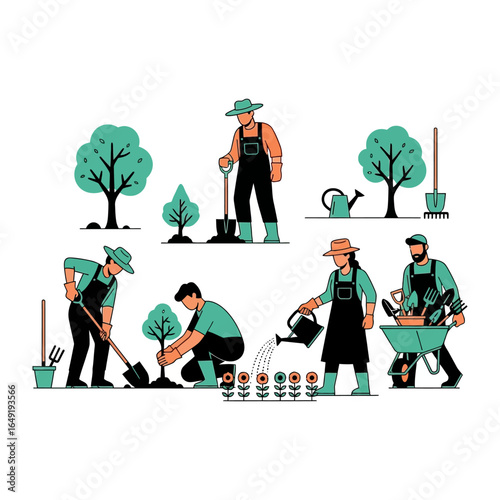 Gardeners at Work: A collection of vibrant illustrations showcase dedicated gardeners, engaging in various tasks like planting, watering, and nurturing plants, and tending to the soil with tools.