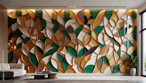 Luxurious 3D Wall Art With Organic Golden Green Shapes