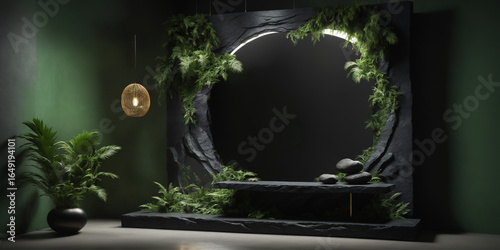 Elegant Dark Zen Decor with Green Plants and Soft Lighting empty product podium 