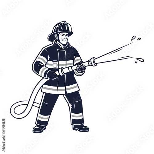 Brave Defender: A courageous firefighter, clad in protective gear, tackles danger with a steady hand, holding a high-pressure hose as water streams out.
