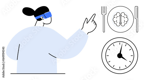 Person wearing VR glasses pointing at a concept showing a brain on a plate with cutlery and an analog clock. Ideal for technology, innovation, time, learning, food, health, futurism. Simple flat