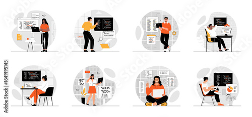 Bundle of Backend Development concepts with people scene in flat cartoon design. Collection work with men and women. People creating program code, development of software and programming. Vector
