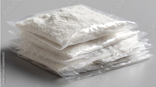 Folded plastic bags stacked for clean sterile packaging concept product branding medical laboratory food safety composition photography