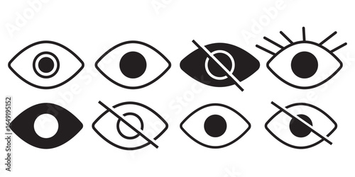 Eye icon in flat line set. Eyesight symbol vector for apps or website. Retina, cornea scan eye icons. Simple eyes silhouette see view vision sight look sign isolated on transparent background