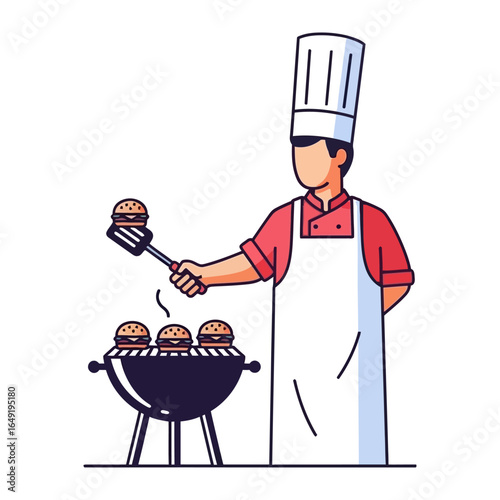 Chef Grilling Burger: A skilled chef, clad in traditional attire, expertly grills juicy burgers on a barbecue, creating a tempting image of culinary expertise and summer delight.