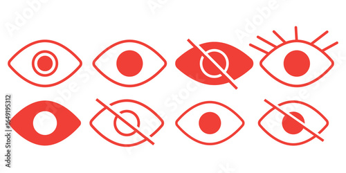 Eye icon in flat line set. Eyesight symbol vector for apps or website. Retina, cornea scan eye icons. Simple eyes silhouette see view vision sight look sign isolated on transparent background