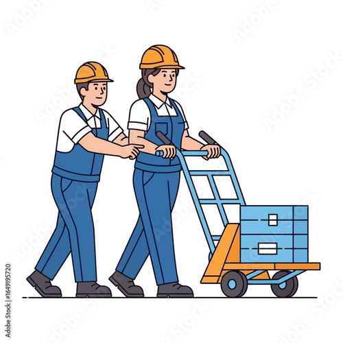 Team of Mover in Action: Energetic movers working in unison, pushing a dolly filled with crates, showcasing teamwork and dedication within the moving sector.