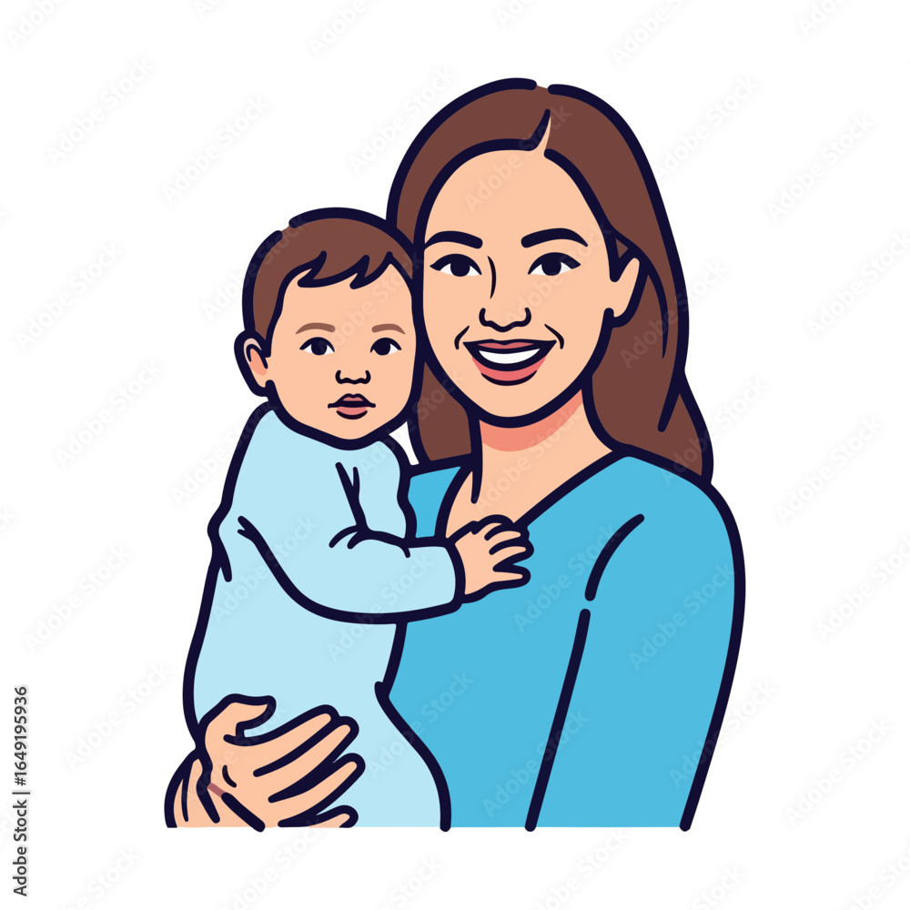 Obraz premium Mother holding baby in blue outfit with smiling face and brown hair on white background child infant