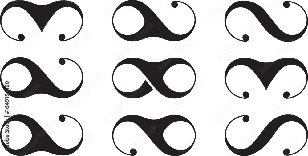 Nine Black Abstract Shapes on White Background with Curving Lines and Circular Details Nine Black Abstract Shapes on White Background with Curving Lines and Circular Details