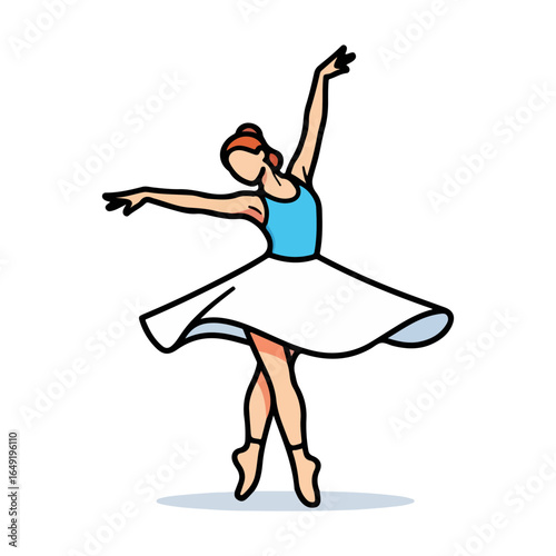 Stylized ballerina in a blue leotard and white tutu performing a graceful pose on pointe shoes ballet