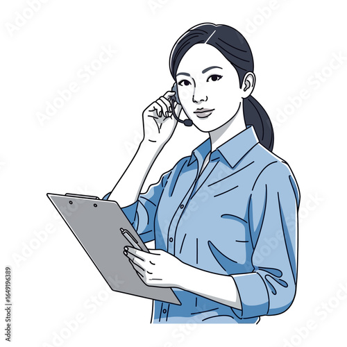 Smart Support: A poised professional in a blue shirt holds a clipboard and headset, ready to provide support, in this refined line art presentation.