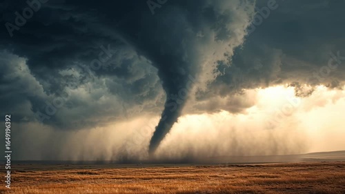 Tornado over open field during dramatic storm – extreme weather, natural disaster, twister, severe thunderstorm, climate change, storm chasing, supercell clouds, dangerous wind, disaster concept