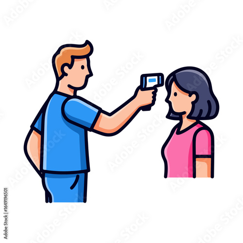 Person using infrared thermometer to check temperature of another person temperature check health screening