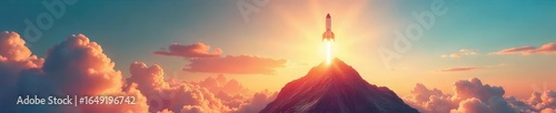 A triumphant rocket soaring into a vibrant, clear sky, signifying achievement and overcoming challenges to reach a peak of success , journey, flight