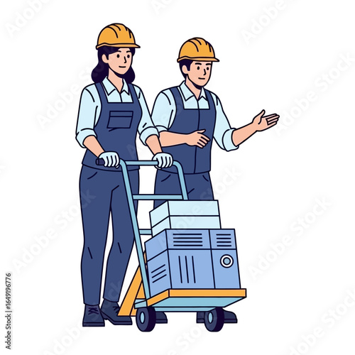 Construction Crew: A graphic illustration showcasing two diligent construction workers confidently operating a trolley, exemplifying seamless teamwork and unwavering dedication.