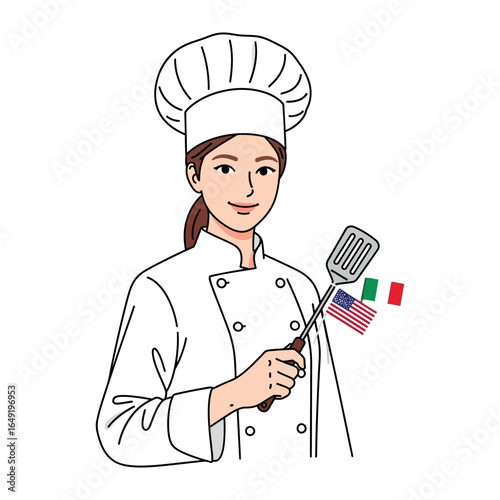 Culinary Fusion: A skilled chef, a symbol of culinary expertise, proudly displays a spatula, alongside flags representing the diverse origins of her cuisine.