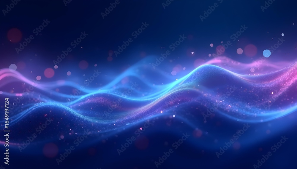 Fototapeta premium Abstract tech waves with flowing lines and glowing particles, gradient blues and purples.