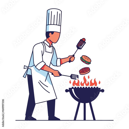 Culinary Maestro at Grill: A skilled chef, garbed in pristine attire, orchestrates a culinary spectacle over a sizzling grill, creating delicious hamburger and hotdog with tools.