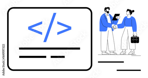 Two professionals shaking hands, discussing work documentation near a code snippet. Ideal for teamwork, coding, collaboration, communication, projects, programming training. Modern simple flat